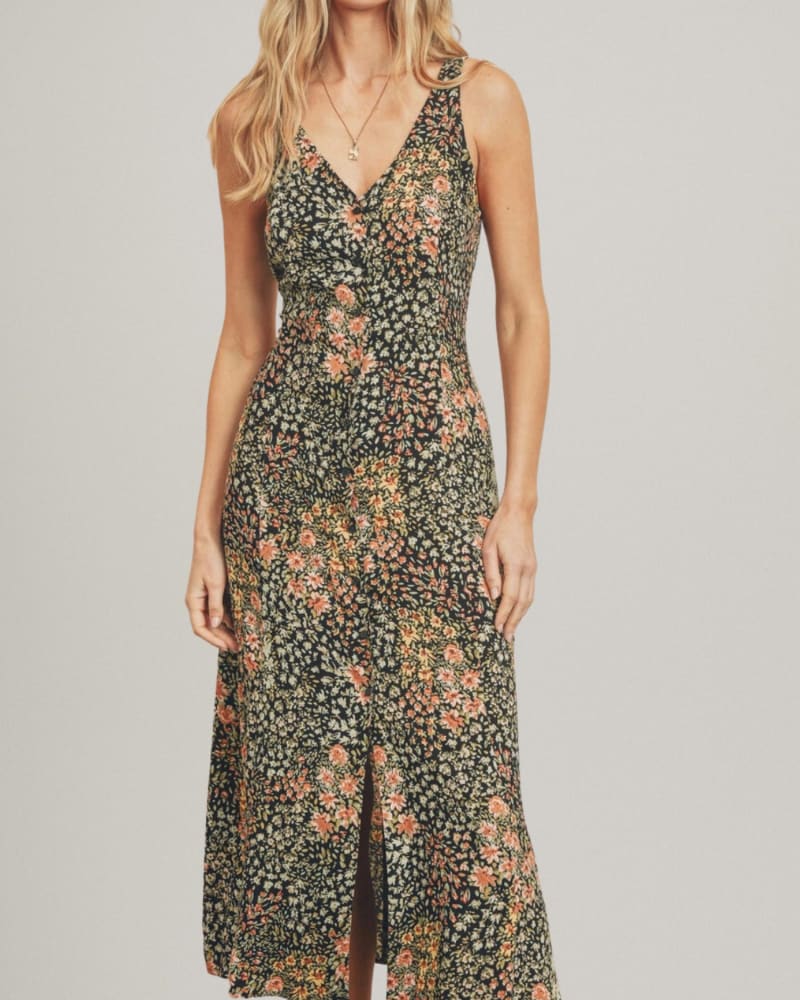 Front of a model wearing a size L Monica Dress in Black Floral in Black Floral by PROMESA. | dia_product_style_image_id:336303
